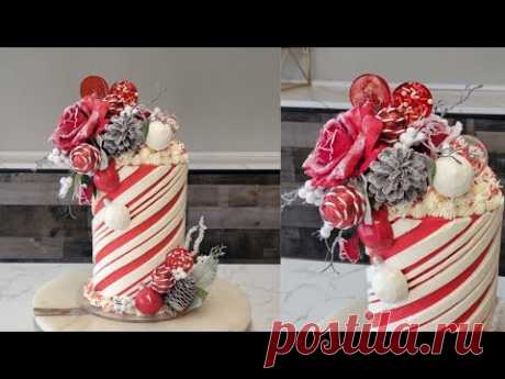 Textured Buttercream Stripped Candy Cane Cake | NO PIPING!! | Cake Decorating Tutorial