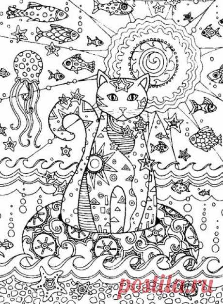 Раскраска кошка и морские обитатели | Раскраски кототерапия