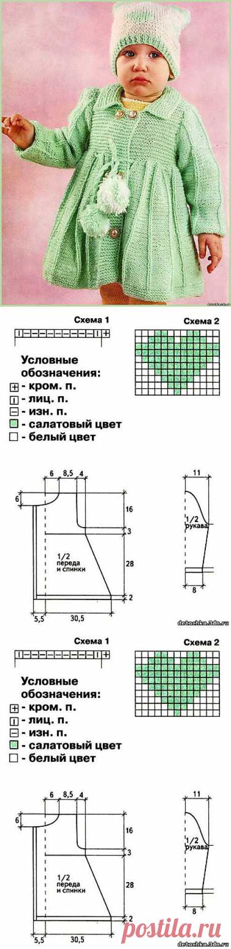 Бирюзовое пальто и шапочка для девочки спицами.