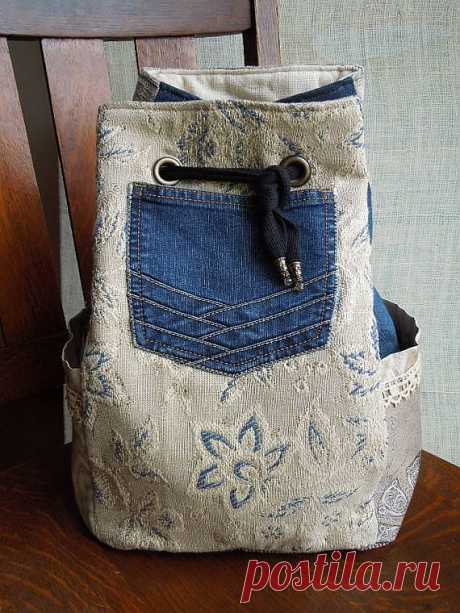 Boho Backpack Gypsy Sling Bag Denim Drawstring от WhimsyEyeDesigns