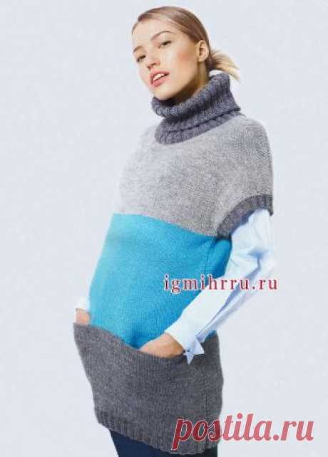 Тепло, практично, удобно! Трехцветная туника с карманами, от финских дизайнеров. Вязание спицами