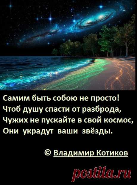 Самим быть собою непросто!
Чтоб душу спасти от разброда,
Чужих не пускайте в свой космос,
Они украпдут ваши звёзды.
© В.Котиков