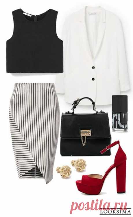 Летом даже классический офисный костбм может выглядеть совершенно иначе - классический жакет может быть белым, юбка-карандаш - в полоску, а блузу можно заменить на кроп-топ. Изюминка образа - яркая женственная обувь. Вы неотразимы! #looksimaFashion #style #instalook #lookoftheday #модныйобраз #стиль
