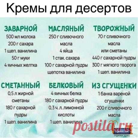 Подборочка кремов и начинок для выпечки, тортов и других десертов. Сохраните - пригодится