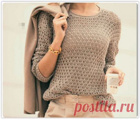 Стильный и простой бежевый пуловер с ажурным моноузором (вяжем спицами)!
