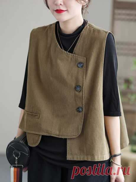 Vintage Asymmetric Solid Color Buttoned Vest Top