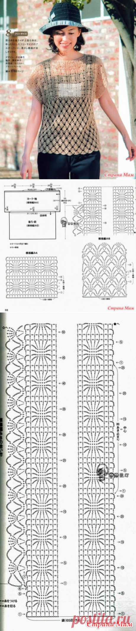 Ажурный топ кокетка которого связана поперек другим узором. Крючок. - ВЯЗАНАЯ МОДА+ ДЛЯ НЕМОДЕЛЬНЫХ ДАМ - Страна Мам
