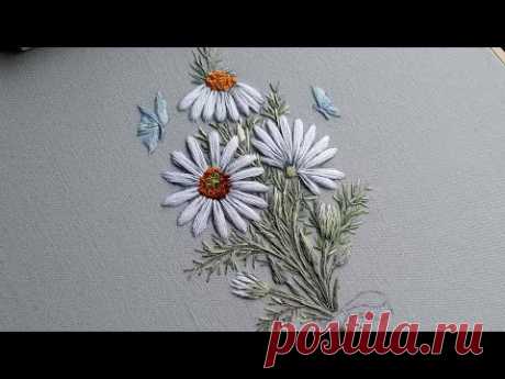 Bouquet of Daisies with Butterflies Satin Embroidery