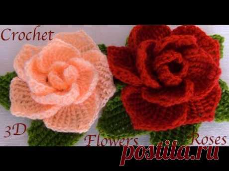 Como hacer flores rosas 3D con hojas a Crochet paso a paso en punto tunecino tejido tallermanualperu