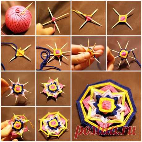 DIY Weave a Mandala Brooch with Toothpicks | iCreativeIdeas.com