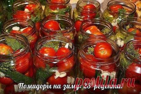 ПОМИДОРЫ НА ЗИМУ: 23 РЕЦЕПТА 
 
1.Помидоры острые 
- помидоры; 
- лавровый лист; 
- острый красный перец, 
- чеснок, 
- укроп, сельдерей, гвоздика, перец-горошек, семена горчицы, корень хрена. 
Рецепт мариновки 
1. Помидоры, отобранные для маринования, сортируем по величине, форме и цвету. Важно, чтобы они были одной спелости. Красные с зелеными мешать также не следует. 
2. На 1,5 л. воды нужно добавить 2 ст.л. соли и 1 ст.л. сахара, туда же добавить специи (укроп, гвоздик...