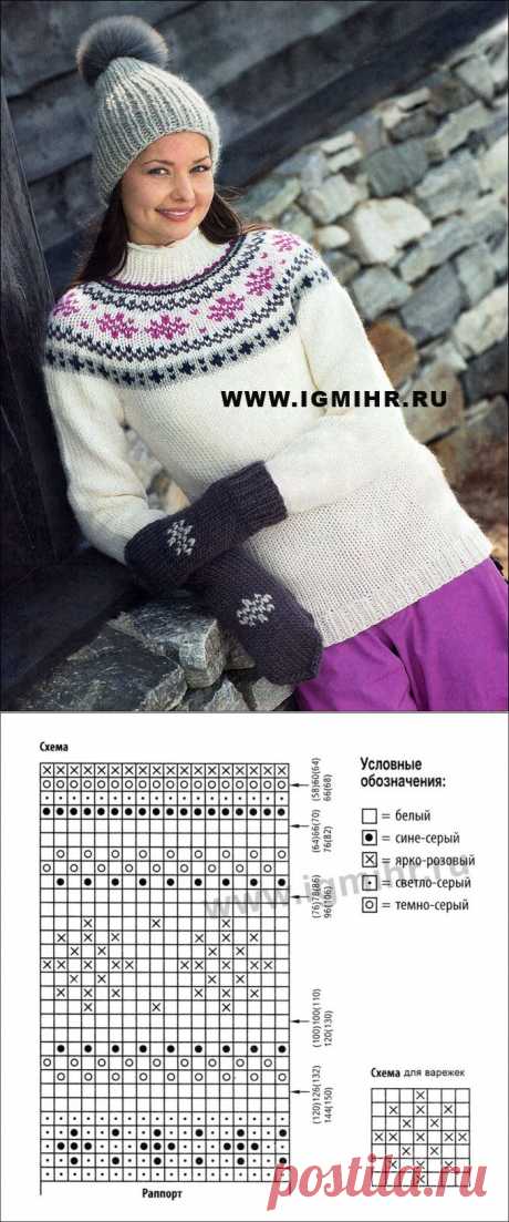 Красивый зимний комплект с жаккардами: пуловер, шапочка и варежки, от финских дизайнеров. Спицы