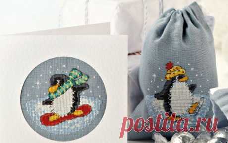Схема для вышивки крестом: Открытки и мешочки для подарков с пингвинами.