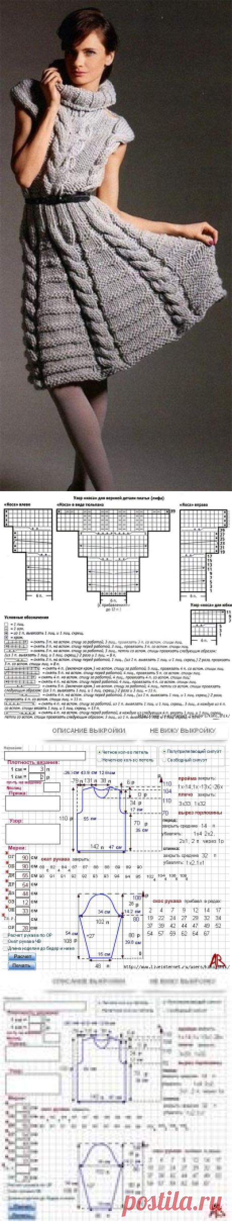 Платье спицами: косы, высокий воротник, расчет выкройки с помощью программы