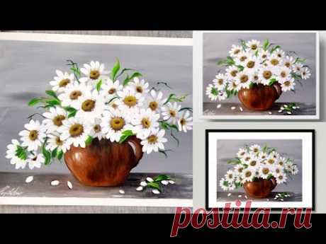 SIMPLE Acrylic Painting Demonstration - Daisies - WHITE Flower Painting - Easy Painting