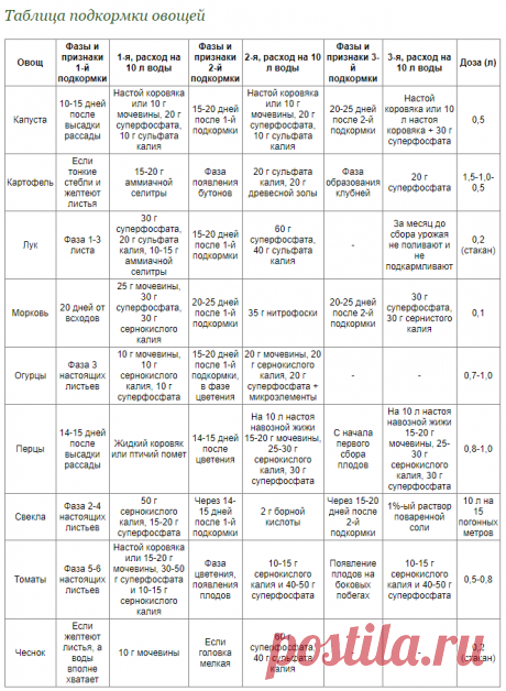 Когда и чем подкормить овощи таблица