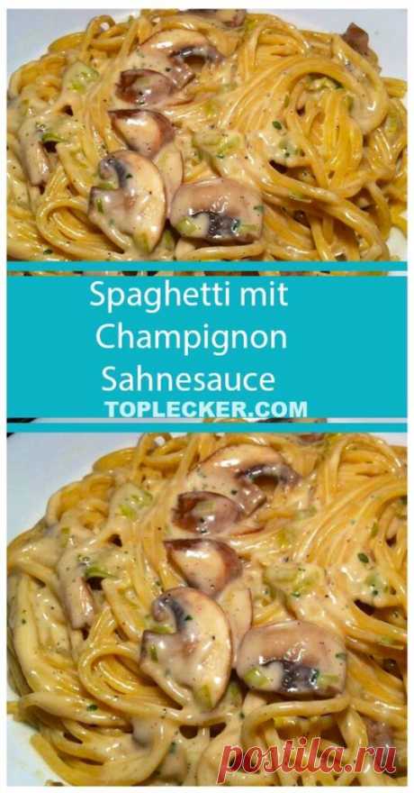 Dies enthält ein Bild von: Spaghetti mit Champignon- Sahnesauce - TopLecker.com