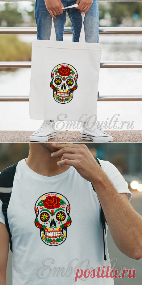 Дизайн машинной вышивки Мексиканский Череп с цветами. Тату арт дизайн для мужчин. Интернет-магазин дизайнов машинной вышивки EmbQuilt.ru
