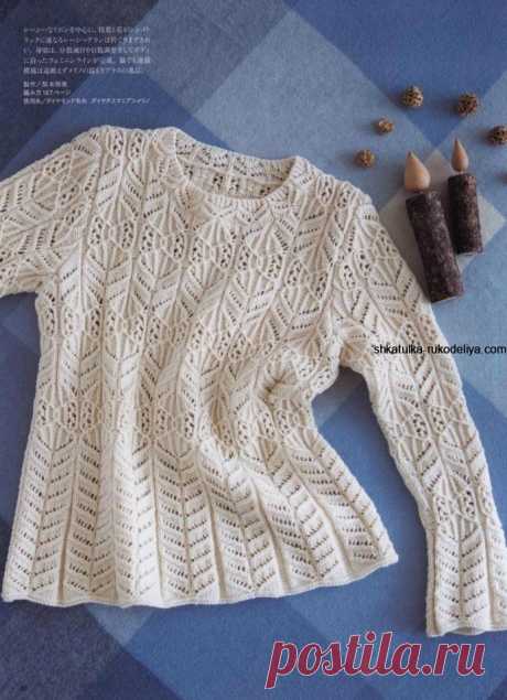 Кремовый ажурный пуловер спицами Кремовый ажурный пуловер спицами. Вязание пуловера из японских журналов спицами