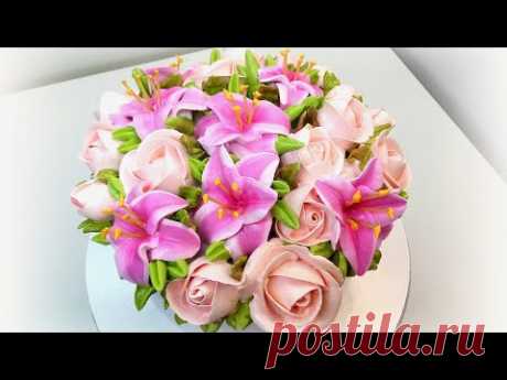 Тортик с Лилиями и Розами 2(крем БЗК). /Cake with Lilies and Roses 2(protein custard).