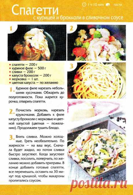 Спагетти с курицей и брокколи в сливочном соусе