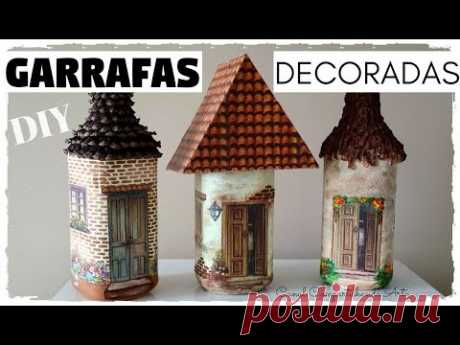 DIY GARRAFAS DECORADAS CASINHAS - Artesanato do Compartilhando Arte - Do Lixo ao Luxo