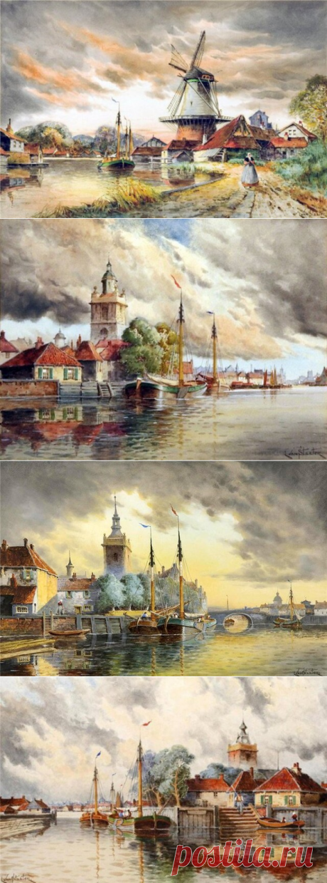 Голландская гавань и ветряные мельницы.Художник Louis van Staaten (1836-1909)
