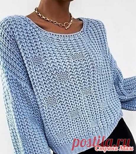 Пуловер шахматным узором. Спицы. Модный пуловер, для базового гардероба, связан спицами из пряжи серо-голубого цвета. Пуловер связан на толстых спицах №4,5-5.