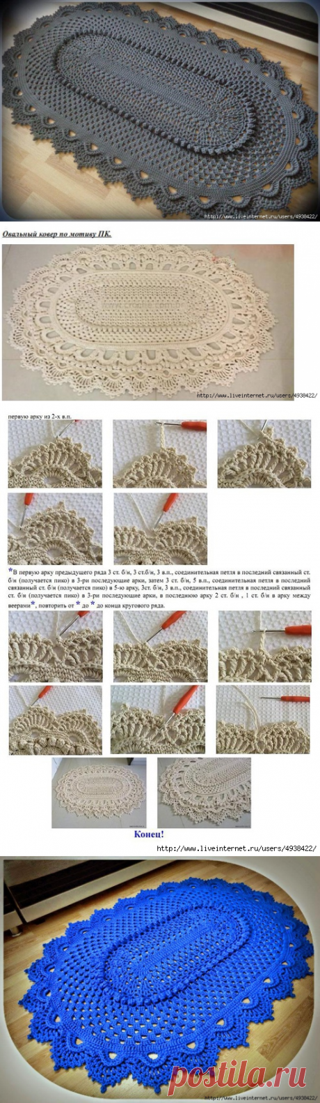Коврик овальный крючком. Подробнейший МК в фото + описание на русском языке.