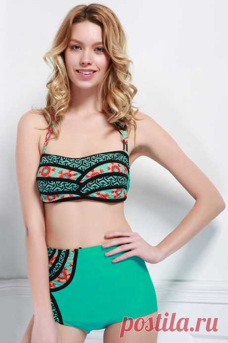 Sexy Halter Sleeveless Printed High-Waisted Bikini Set For Women - Green - M