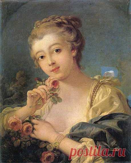 картина Юная девушка с букетом роз :: Француа Буше, плюс статья Успокаивающие цвета в интерьере - Натюрморт, цветы ( new )