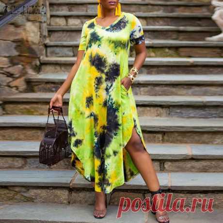 Модное летнее платье с принтом в виде галстука красителя женский сарафан ZANZEA женские вечерние платья с коротким рукавом и разрезом на подоле|Платья| | АлиЭкспресс