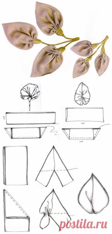 Листья, чашечка и стебель / Канзаши, Цветы из лент и ткани / В рукоделии