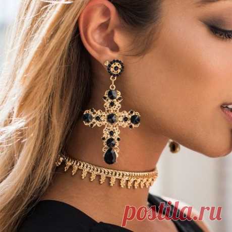 Crystal Cross Drop Earrings Large Long Jewelry for Women - BroadBazaar