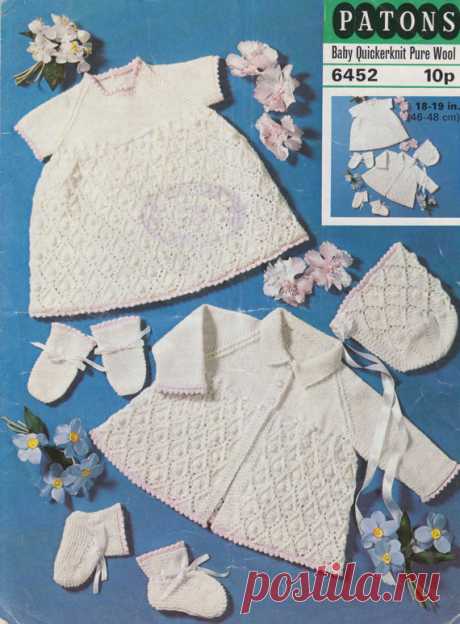 vintage baby knitting pattern for layette set booties dress bonnet matinee jacket and mittens bobble pattern This item is a PDF file of the knitting pattern for these gorgeous baby items.    A beautiful bobble pattern, very unusual. It is to fit size 18-19 inches.    The pattern will be available for download upon receipt of payment, for you to print out or read from your computer.    Traditional and beautiful, knit with quickerknit yarn, the modern equivalent would be dou...