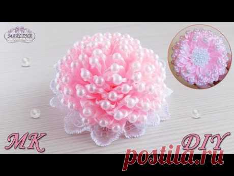 Пышный бант с бусинами из узких лент/ Lush bow with beads. Kanzashi DIY