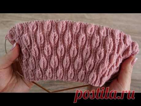 «Объёмные листики на резинке» узор спицами | «Volume leaves in rib» knitting pattern