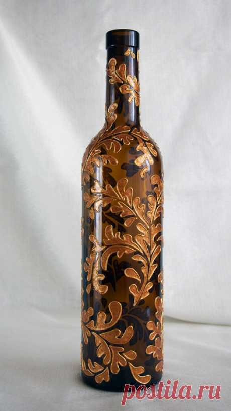 art inside — Hand painted wine bottle — Golden Leaves