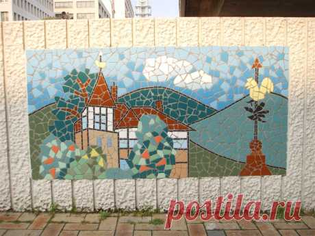 Port of Kobe panel one of a set of 10 panels at the Port of Kobe, based on a child's painting of the port