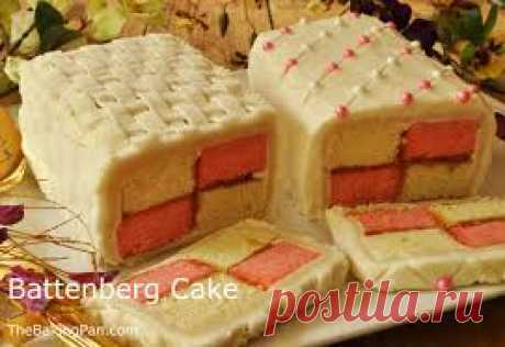 Battenberg cake - Google Търсене --Происхождение этого торта история умалчивает. Основой «Баттенберга» являются два бисквитных коржа, традиционно желтого и розового цветов, которые разрезаются на прямоугольные параллелепипеды и укладываются в шахматном порядке. Для скрепления коржей обычно используют абрикосовый джем. Сверху торт покрывается марципаном.
