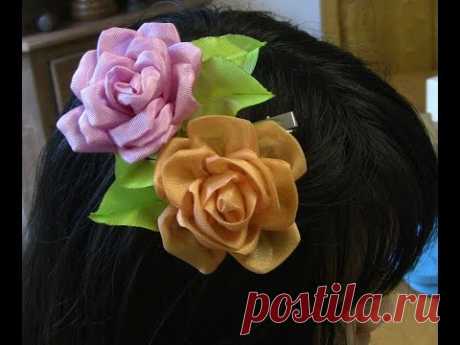 HOW TO MAKE ROLLED RIBBON ROSES- fabric flowers - Rosas em tela  com  fitas em cetim Passo a Passo