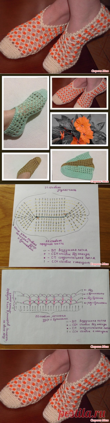 Он-лайн ажурные тапочки ( черевички) крючком с бусинками - Вяжем вместе он-лайн - Страна Мам