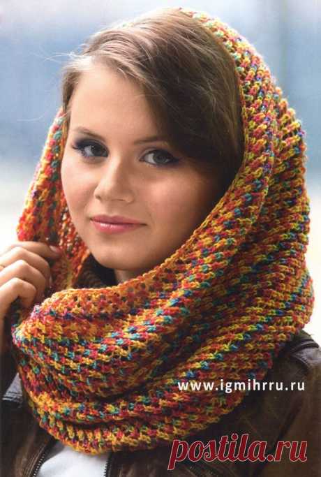Разноцветный шерстяной шарф-хомут. Спицы