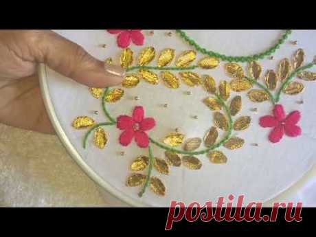 Hand embroidery. Gottapatti work neck design for dresses and blouses. - YouTube