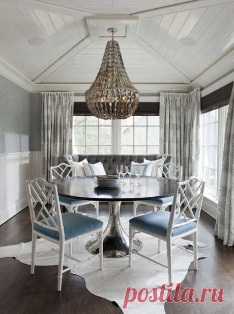 (82) White chairs, solid cushion. round table in the dining room with chandelier. home decor and interior decorating ideas