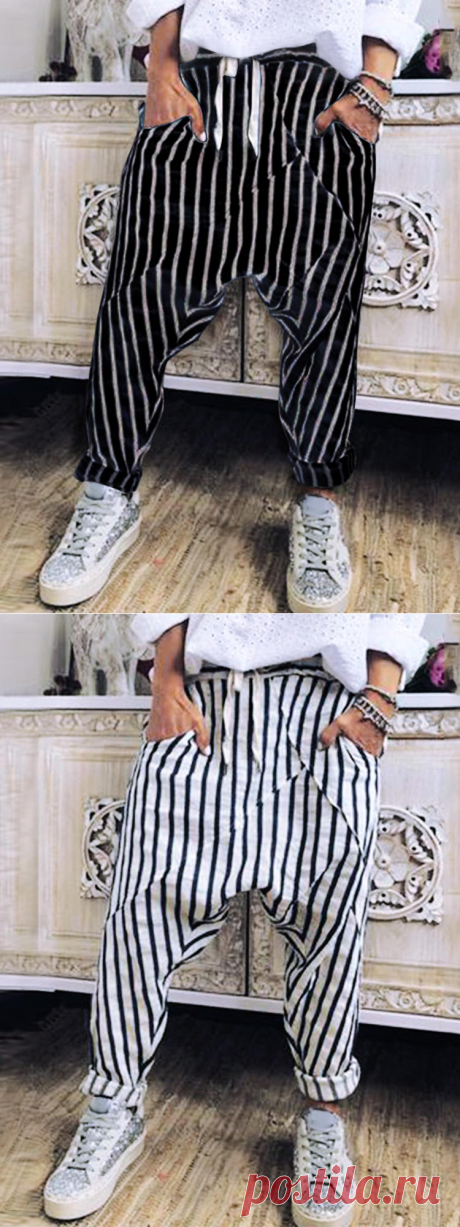 women casual striped elastic waist trouser pants