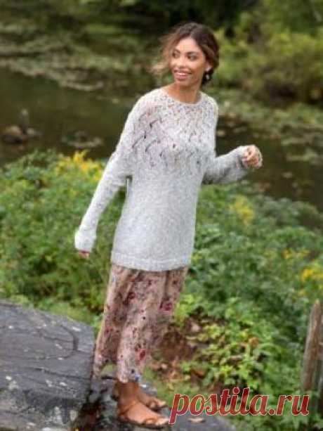 Пуловер Лизетта Чудесная модель пуловера от Berroco с круглой ажурной кокеткой для женщин, связанная на спицах 4 мм из летней хлопковой пряжи. Сначала...