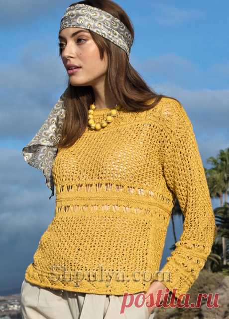 Ажурный желтый пуловер с сочетанием узоров - SHPULYA.com