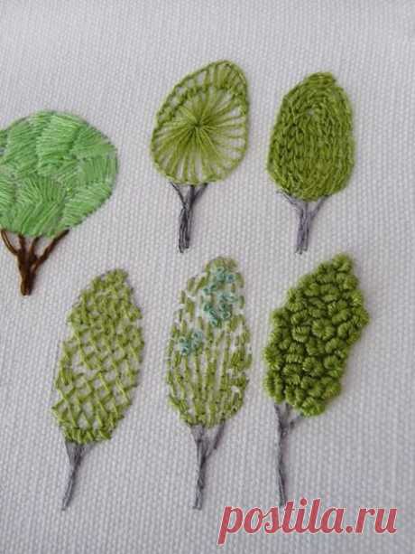 Одни листья и деревья — разные техники вышивки