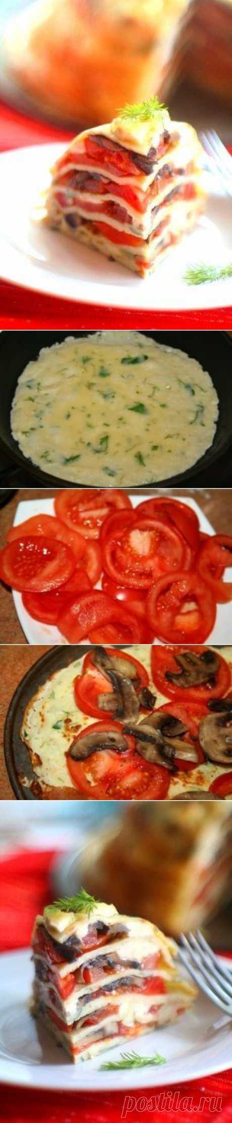 Как приготовить блинный пирог с помидорами, грибами и сыром - рецепт, ингридиенты и фотографии